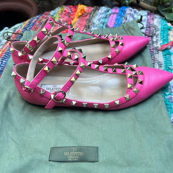 Valentino Caravani Rockstud Caged Ballerina Flats Peony Hot Pink - Picture 1 of 10